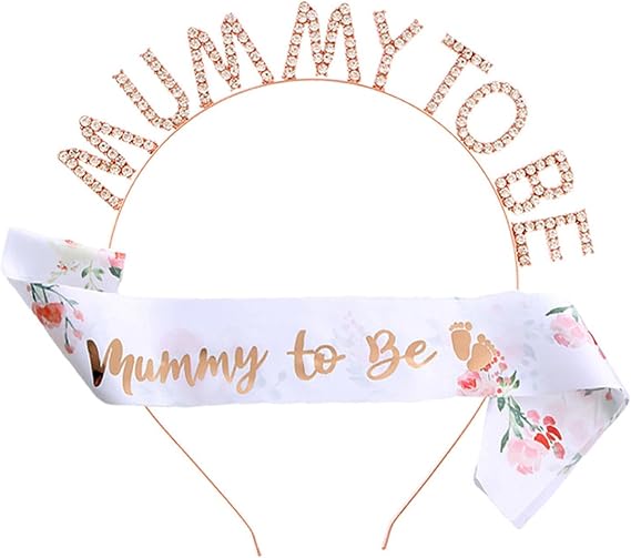 Mummy to Be Sash and Rhinestone Tiara Set, Baby Shower Party Decorations, Mummy To Be Crown Headband and Gifts for Expecting Mum, Floral Design
