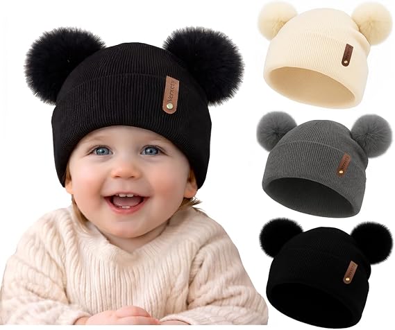 Toddler Winter Beanie Hats 3 Pack Double Pom Pom Soft Knitted Hats for Baby Boys Girls 636 Months