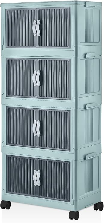 Deconox 4 Kat Portatif Organizer Tekerlekli Çok Amaçlı Katlanabilir Dolap, Kapaklı Düzenleyici Raf Mutfak, Banyo, Genç Odası, Garaj ve Ardiye için Toparlayıcı Ünite, Stop Tekerlekli (SU YEŞİLİ)