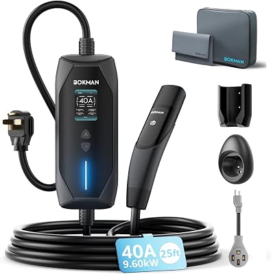 bokman Portable Level 2 & Level 1 Charger for Tesla 240V, 40A, 25ft Cable and NEMA14-50 PlugNEMA 5-15 Adapter for Household Socket, Current Adjustable 6-40Amp with Delay Timer for Models YX3S