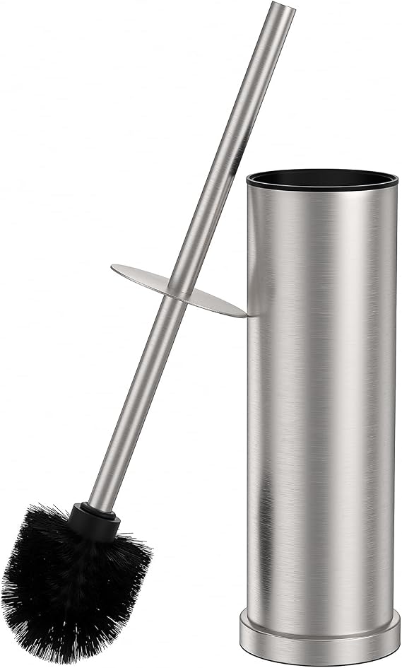 Stain Nickel Toilet Brush and Holder Set,Stainless Steel Heavy Duty Toilet Bowl Brush,Extra Long Handled Modern Toilet Cleaner Brush with Replaceable Head, Removable Inner Bowl, and Splash Protection