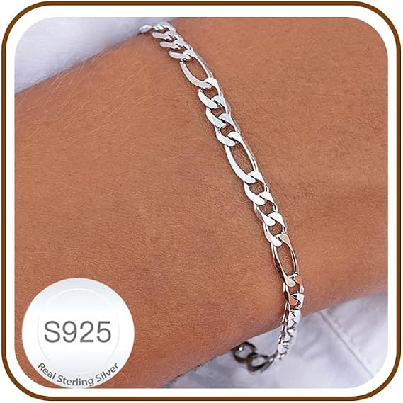 DORANA 925 Silver Figaro Chain Bracelet 3mm/5mm Sterling Silver Bracelet for Women Fade-Proof Ladies Silver Bracelets Mum Gifts for Birthday Mothers