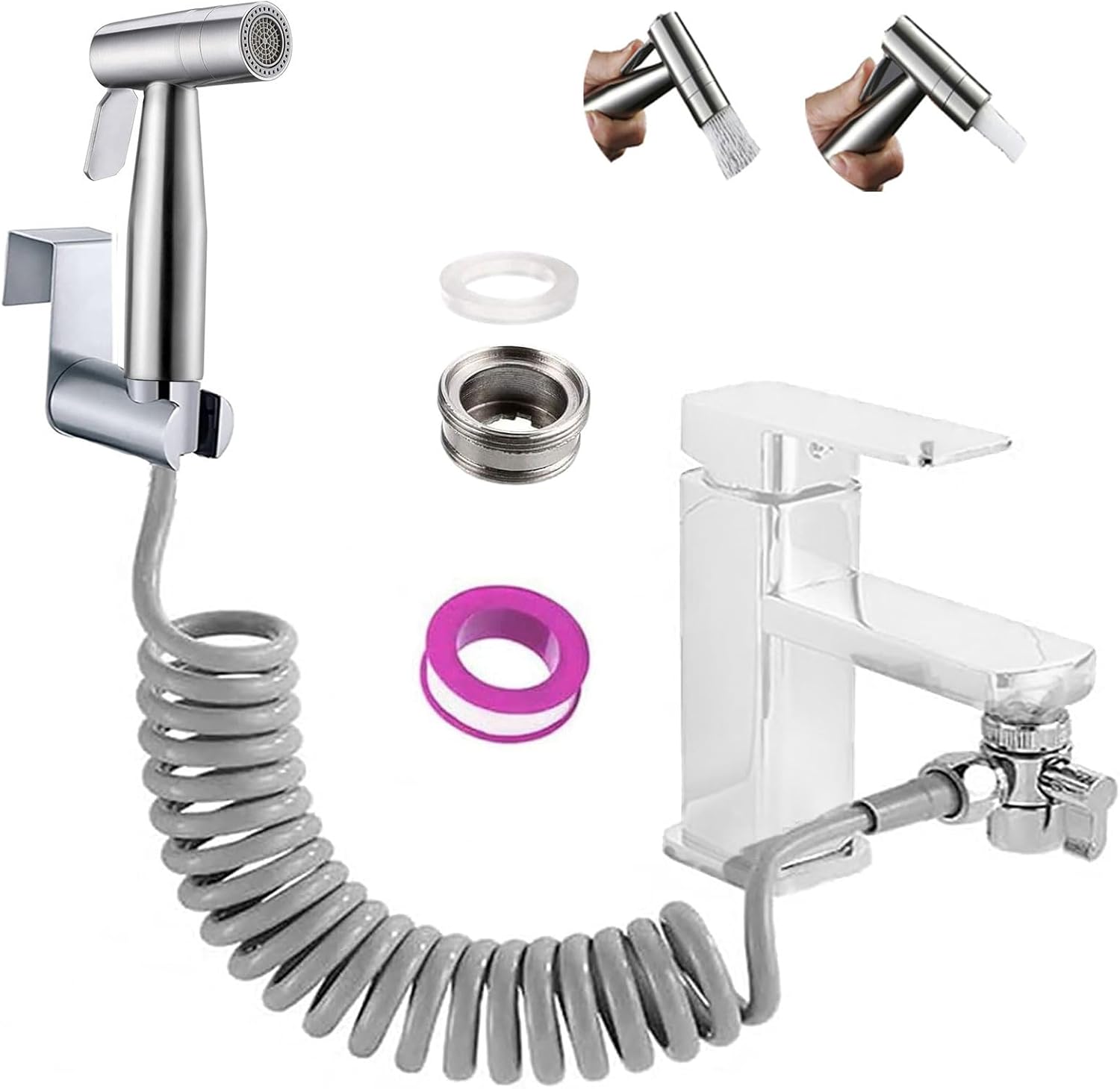 Bidet Shower Kit,Dual Function Nozzle Stainless Steel Home Handheld Bidet Baby Toilet Set with Faucet Spray, Hose and Fitting, Perfect for Washing Hair or Wash Basin Silver