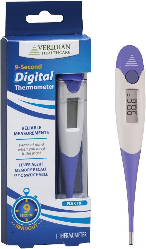 Veridian 9-Second Flex Tip Digital Thermometer | Oral, Rectal & Underarm Use, Fever Alert at 100.0F, Memory Recall, Waterproof, Storage Case