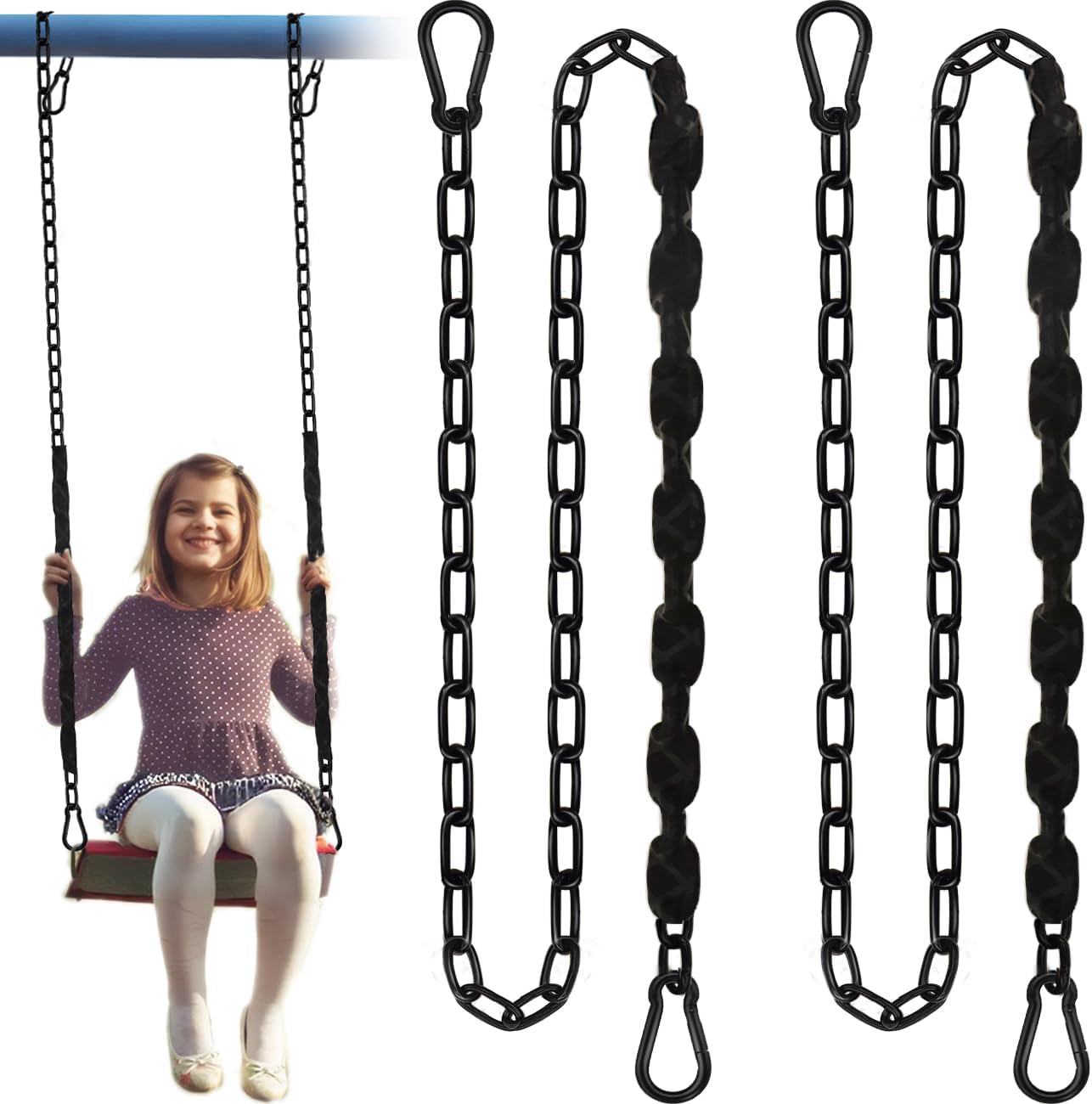 2Pcs 59" Hanging Swing Chain with 4 Carabiners, Stainless Steel Chains with PE Sleeve’s Anti-Tangle Safety Design, Heavy Duty Hang Hardware Kit for Hammock Chairs, Punching Bags, 660lb Capacity