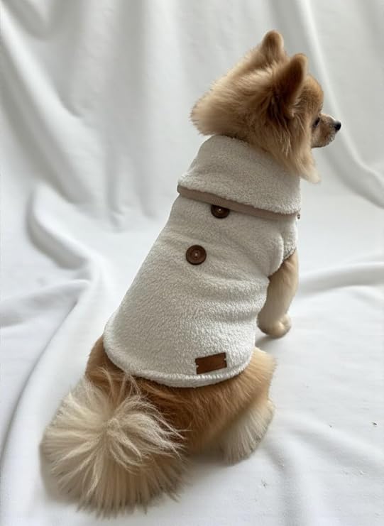 Kışlık Peluş Köpek Yelek, Sıcak Tutan Düğmeli Yumuşak Polar Küçük Irk Köpek Kıyafeti, Bej (Beyaz, Medium)