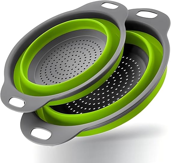 Silicone Pasta Colander - Collapsible Colander with Handle Set, Set of 2, Space-Saving Kitchen Strainers, 1.5 Quart, 2 Quart, BPA Free ＆ Dishwasher