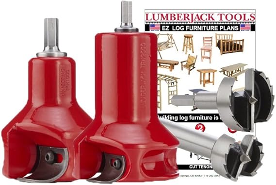 Lumberjack Tools Tenon Cutter Kit for Log Furniture, 1" & 2" Cutters & Forstner Bits, Home Series Powder Coated Aluminum, 1/2" Shank, Dual Blades Create a Radius Shoulder Profile, Made in USA
