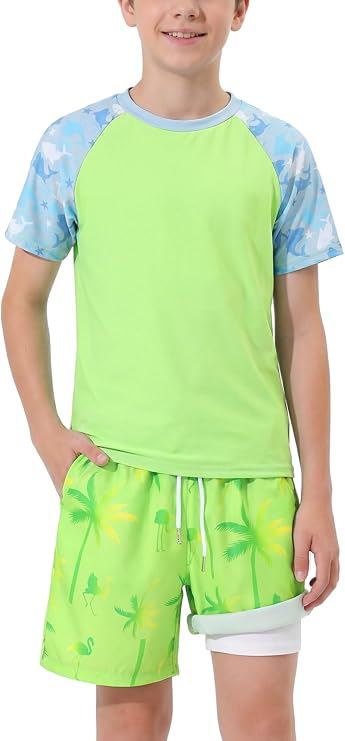 Boys 2 Piece Rash Guard UPF 50+ Swimsuit Set 6-16 Years | UV Protection Quick Dry Swim Set Short Sleeve Swim Shirt & Trunks with Compression Liner, Beach Surfing Bathing Suit for Kids