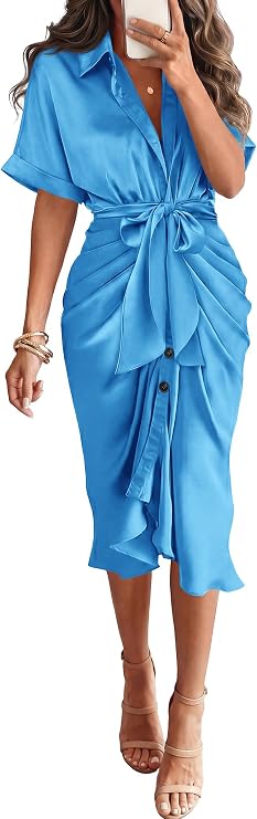 BTFBM Maxi Dresses for Women Business Casual Outfits | Short Sleeve, Button Down, Lightweight, Silk Satin Dress, Ruched, Tie Waist, Cocktail, Party, Wedding Guest, Work Clothes
