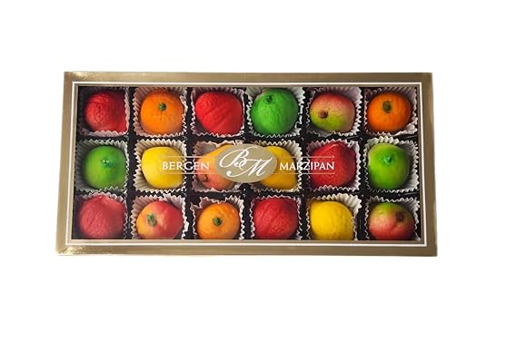 Bergen Marzipan Assorted Fruit Candy 8 oz Box Gourmet Almond Paste Fruit Shapes Rich Almond Flavor, Handcrafted European Style Sweets Holiday Gift Candy & Party Treat
