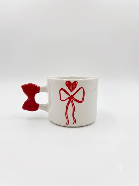 Kalpli Kırmızı Kurdele El Yapımı Krem Parlak Kurdele Kulp Kupa - El İşçiliği Hediyelik Kupa Bardak Mug