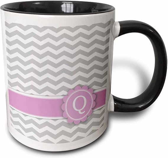3dRose Letter Q monogrammed on grey and white chevron with pink - gray zigzags - personal initial zig zags 11oz Two-Tone Black Mug