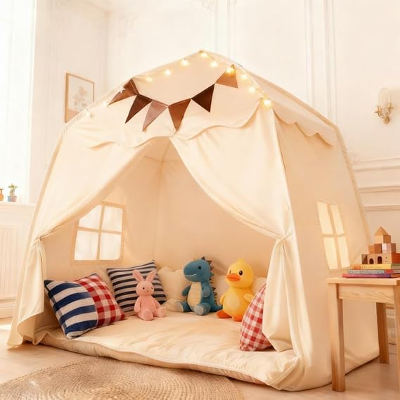 Kids Play Tent with Star Lights and Flags, Indoor Outdoor Playhouse for Boys and Girls, Large Foldable Castle Tent for Imaginative Play and Reading, 56 x 35 x 60 Inch