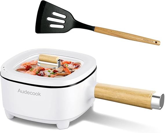 Audecook Hot Pot Electric 2L, Cermic Glaze Non-Stick Frying Pan 8 Inch, Portable Travel Cooker for Ramen/Steak/Fried Rice/Oatmeal/Soup, with Dual Power Control (Silicone Spatula Included)