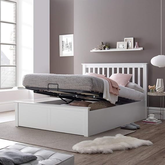 happybeds Malmo White Wooden Ottoman Storage Bed, 4ft6 Double, Frame Only | 4ft6 Double, Wooden Ottoman Storage Bed, Gas-Lift Storage, Frame Only, White, Solid Slatted Base, 135 x 190 cm, Modern Design