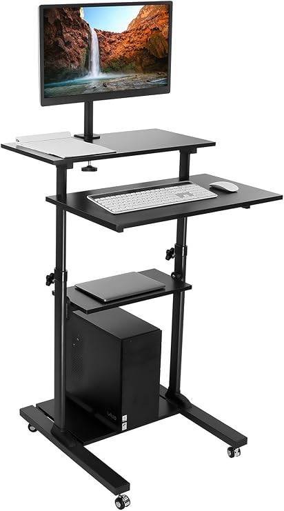 Mount-It! Rolling Adjustable Stand-Up Desk with Monitor Arm - Mobile Computer Workstation & Presentation Cart, in Black Color (MI-7942B)