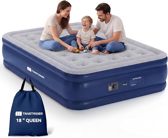 Queen Air Mattress with Built in Pump,18" Raised Blow up Air Bed,3 Mins Quick Self-Inflation/Deflation, Inflatable Mattress for Camping/Home/Guests/Travel (Navy Blue)