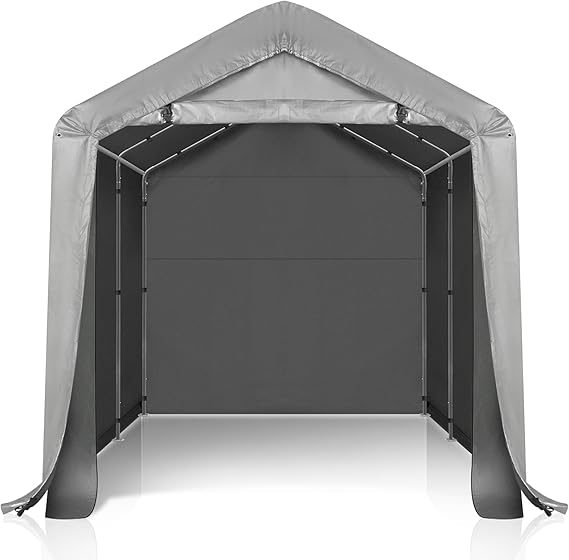 8ft x 8ft Outdoor Storage Shed, Garden Storage Shed Tent with Roll-Up Zipper Door and Galvanized Steel Frame, Waterproof Carport for Motorcycle, Bike, Garden Tools, Grey