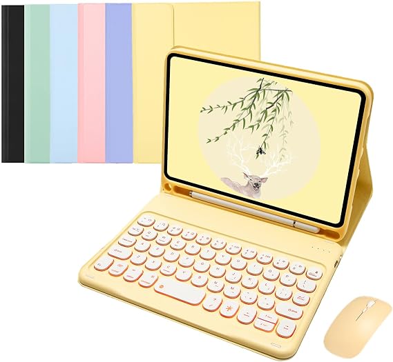 iPad mini6 2021 6th Generation 8.3 inch Keyboard case with Mouse 7-Color Backlight Cute Round Keys Detachable Bluetooth Keyboard Color Smart Keyboard Cover (iPad mini6, Yellow)