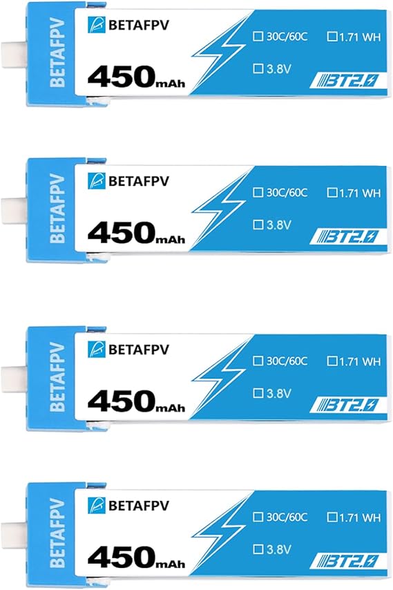 BETAFPV 4pcs BT2.0 450mAh 1S Battery 3.8V 30C/60C Lipo Battery with BT2.0 Connector Compatible for 1S Tiny Whoop Drone Quadcopter Like Meteor75, Cetus Pro FPV Kit, Cetus X FPV Kit