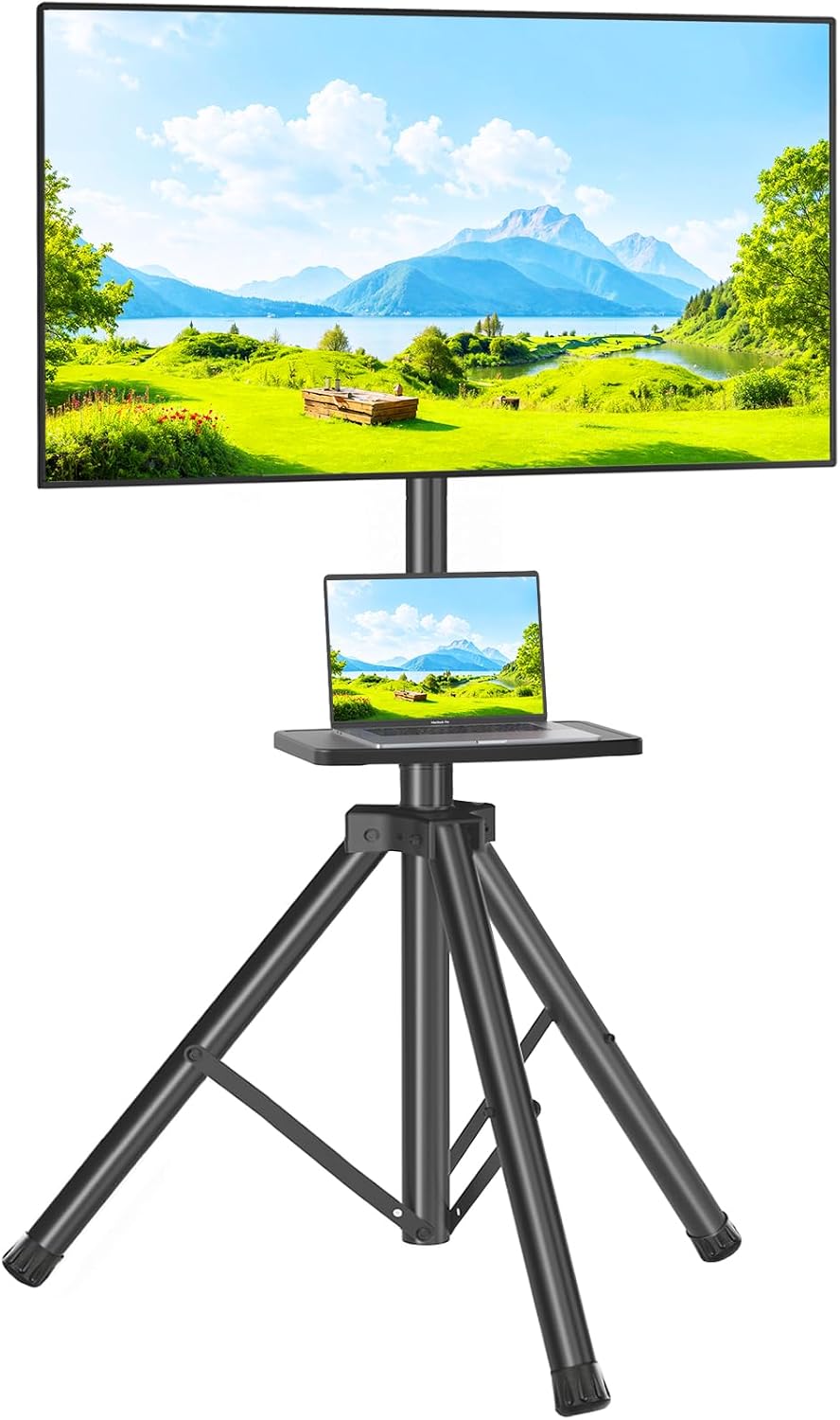 TVON TV Tripod Stand with Shelf for 23-80 inch LED LCD Flat ScreenCurved TVs, Portable TV Stand with ±15° Tilt and Height Adjustment Holds up to 100lbs, Outdoor TV Mount Max VESA 600x400m