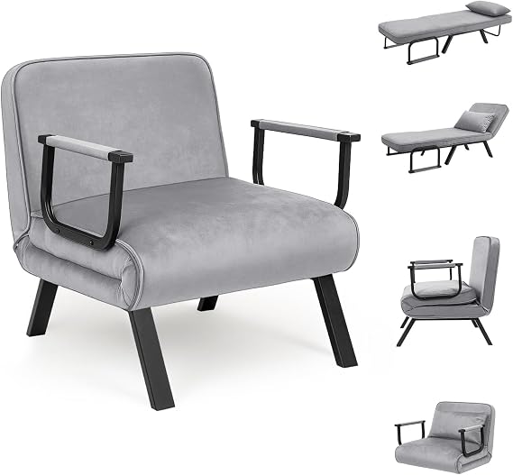 CROWNSHOP Folding Sofa Bed 4-in-1 Convertible Single Chair Bed (Gray) | 6-Position Backrest and Pillow, Folding Sleeper Couch with Back Upholstered Seat Single Flip Chair for Living Room