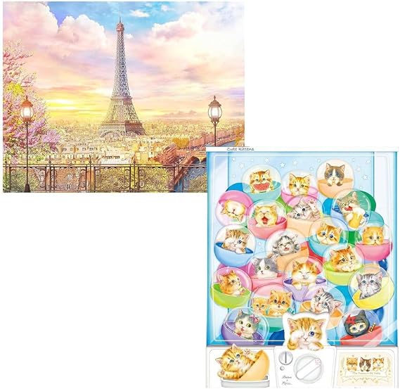 Pintoo Two Plastic Jigsaw Puzzles Bundle - 500 Piece - Romantic Paris and 500 Piece - Kayomi - Kittens in Capsule Machine [H1936+H1993]