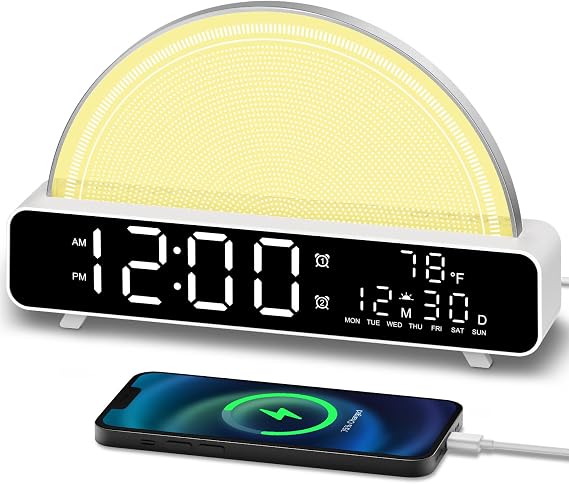 HAODINGMAI Sunrise Alarm Clock Wake Up Light with Sunrise Simulation White Noise Machine Touch Control Bedside Lamps Colors Atmosphere Lamp 30/60/90 Sleep Timer 13 Nature Sounds