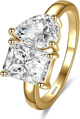 2.75ct Toi Et Moi Women Engagement Ring, 925 Sterling Silver Double Stone Emerald & Pear Cut Cubic Zirconia Wedding Eternity Unique Statement Ring I LOVE You Width Band 2mm Size 5-9