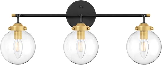 Ralbay Industrial Vintage Vanity Lights - 3-Light, Clear Glass, Black Metal Wall Light Fixture for Bathroom (Exclude Bulb)