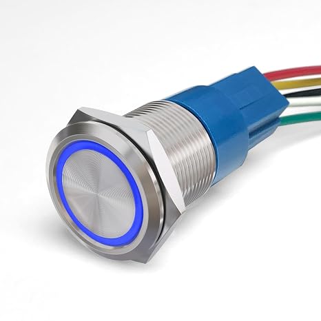 MGI SpeedWare Billet Push Button Switch with Socket, 3A 12vDC Ring LED, 3/4" 19mm (Latching, Blue)