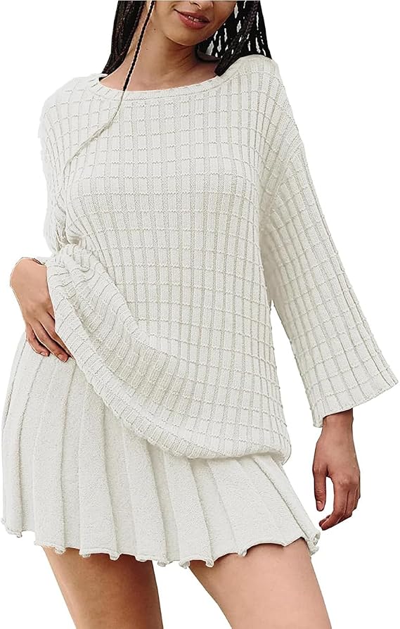 Sweater Set Two Piece Skirt Sets for Women Long Sleeve Two Piece Outfits Loose Knit Pullover Mini Skirt