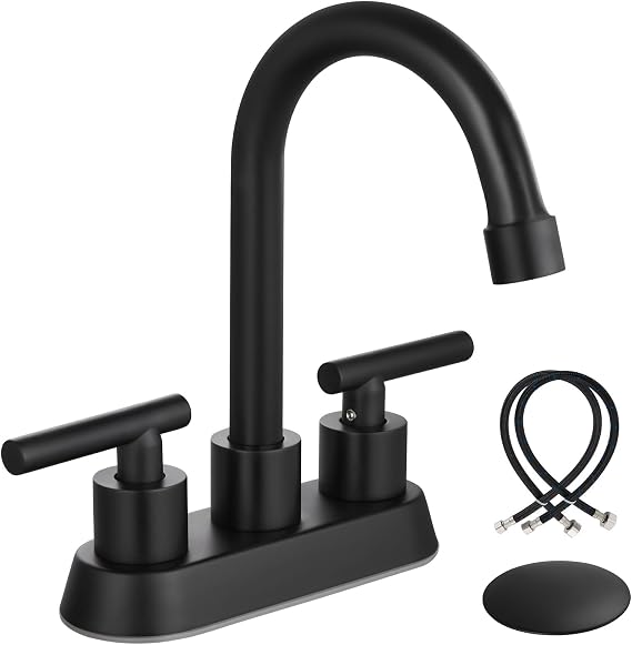Airuida Matte Black Bathroom Sink Faucet 2 Handle Faucet 4 Inch Centerset Bathroom Faucet with Pop Up Drain and 2 Water Supply Lines