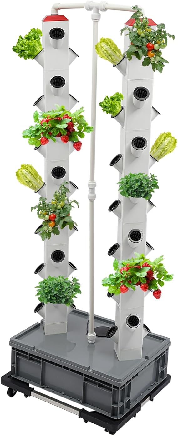 56-Plant Hydroponic Growing Tower System, Indoor/Outdoor Sturdy Vertical Garden Kit with Smart Water Pump, Timer & Wheels - Auto Circulation, Durable PP Design for Vegetables Herbs
