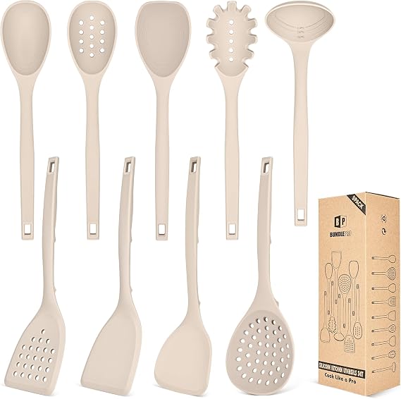 Silicone Cooking Appliances Set 9 Pieces Heat-Resistant Kitchen Utensils with Back Hooks BPA-Free Kitchen Utensils with Spatulas Spoons Skimmer and Pasta Fork for Non-Stick Cookware (KHAKI)