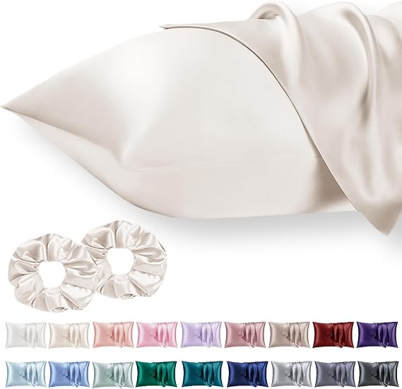 Vielit 2 Pack Satin Pillowcase for Hair and Skin Cooling,Soft as Silk Pillowcase for Hair and Skin,Easier Care than Silk Pillow Case Beige 50x75cm Gifts for Women Envelope & 2 Scrunchies