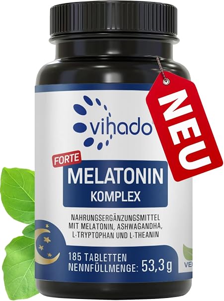 Vihado Melatonin Tablets High Dose - 370 Nights Forte Complex Vegan - Pure without Additives - Plus L-Theanine L-Tryptophan Ashwagandha 185 Tablets Melatonin 1