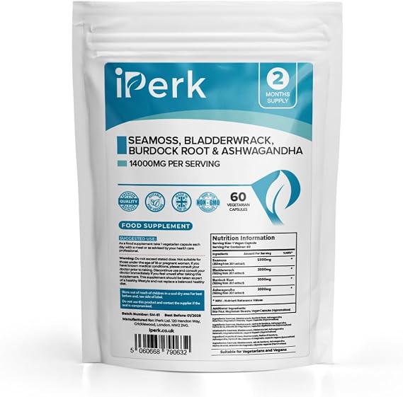iPerk Sea Moss Complex: Bladderwrack, Burdock & Ashwagandha - 14,000mg High Potency Formula - 60 Vegan Capsules - UK Manufactured