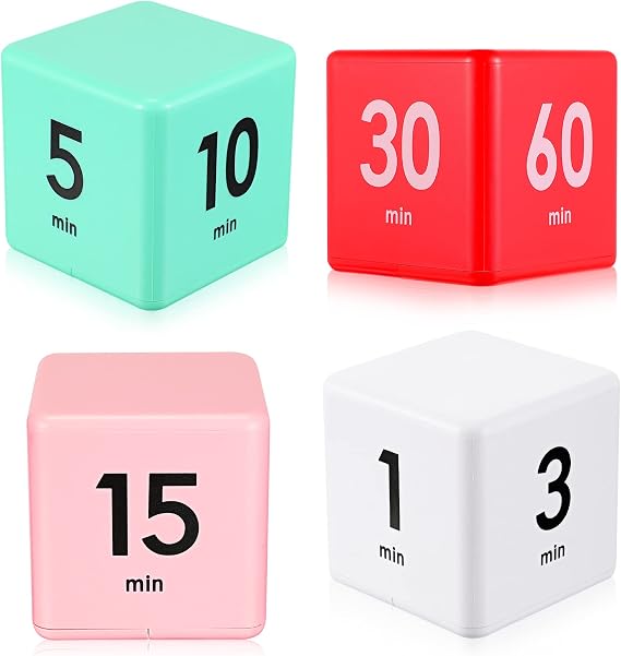 Weewooday 4 Pieces Cube Timer Gravity Sensor Flip Digital Workout Timer Cube for Management Duration Home Kitchen Study, 1 3 5 10 Minutes and 15 20 30 60 Minutes (White, Red, Pink, Green)