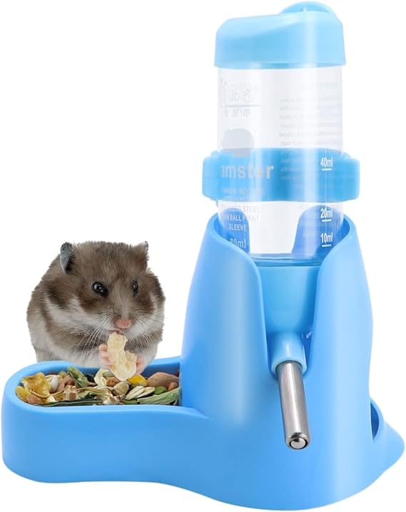 Hamster Hanging Water Bottle Pet 3 in 1 Auto Dispenser with Base for Dwarf Hamster Mouse Rat Hedgehog (80ML,Blue)