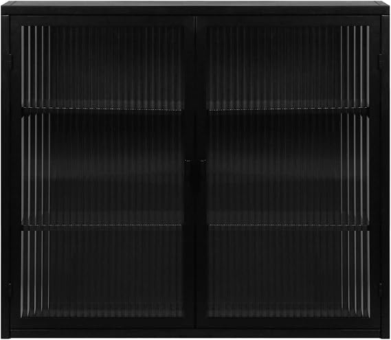 Modern Wall Cabinet with Glass Door Metal Storage Cabinet with Detachable Shelves for Entryway Living Room Bathroom Dining R