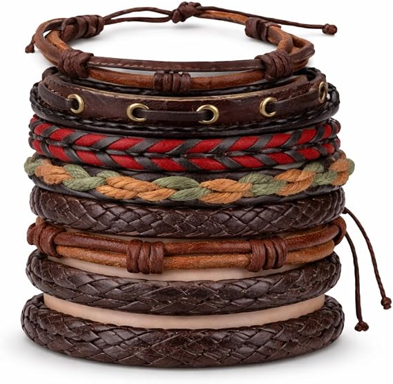 Vellichor Europe 6 Pack Adjustable Leather Bracelet Set for Men and Women, Braided Rope and Wrap Style Bracelets, Stacking Wrist Bands for Everyday Wear, Casual Vintage Look, Fits 18–34 cm Wrists