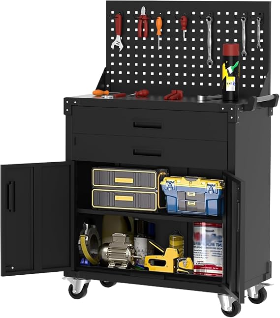 Tool Chest Cabinet Mobile Garage Workbench - 35" High with 2 Drawers, Pegboard, Heavy Duty Metal Rolling Design, Adjustable Shelf, and Durable 0.6MM Coated Steel.