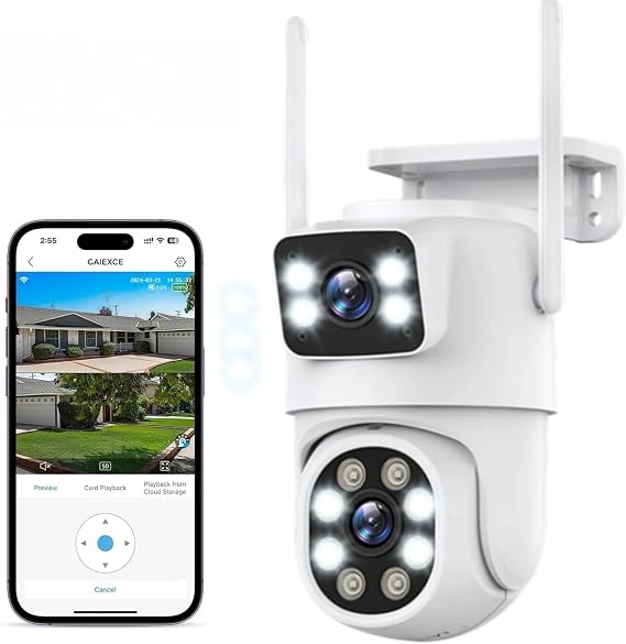 Dual Lens Outdoor Security Camera, 2K WiFi PTZ Outside Cameras for Home Security