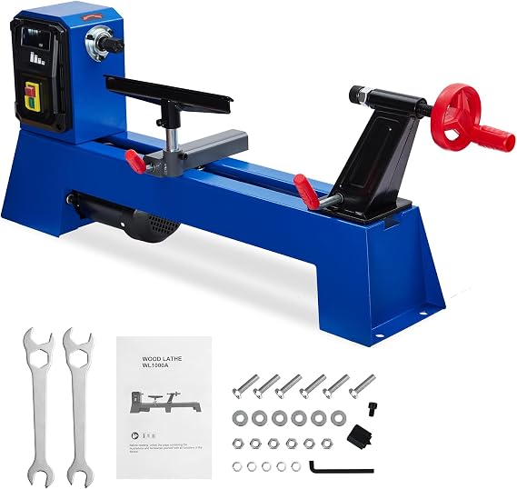 0.54 HP Benchtop Wood Lathe with 14-Inch Swing & 20-Inch Between Centers, 4 Variable Speeds (1040-2980 RPM), Complete Tool Set Included