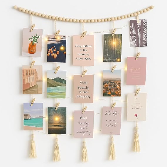 Boho Macrame Photo Display with Fairy Lights – Hanging Wall Decor with 30 Wooden Clips for Polaroids, Prints, Postcards, USB String Lights Picture Collage Holder for Bedroom, Living Room, Kitchen