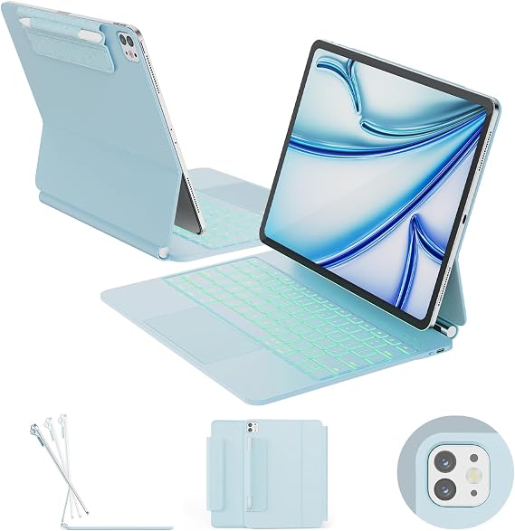 RAYMCRAFT for iPad Air 13-inch Case with Keyboard (M4/M3/M2, 2026/2025/2024) & iPad Pro 12.9" (6th/5th/4th/3rd) Magic Keyboard, 11-Color Backlight, Multi-Touch Trackpad with Safe Pencil Buckle, Blue