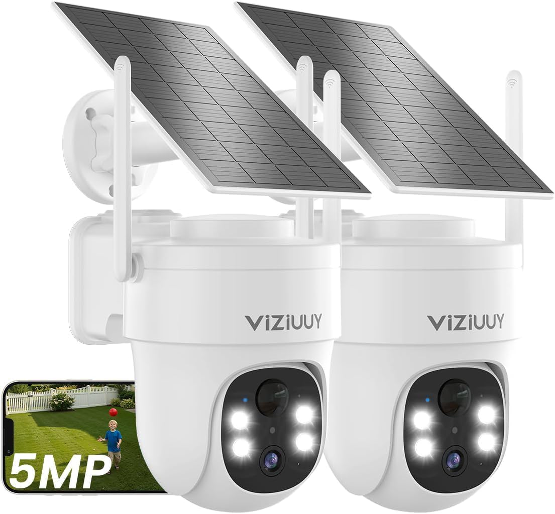 5MP Solar Security Camera Outdoor, Wireless Battery Powered Security Camera with 360°View, Pan and Tilt, Color Night Vision with Floodlight,PIR Human Detection,Compatible with Alexa2 Pack