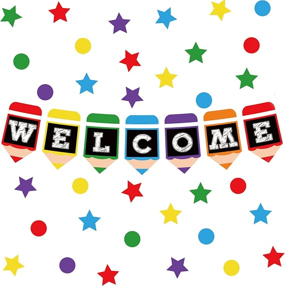 Whaline 57 Pieces Welcome Bulletin Board Set Colorful Pencil Design Welcome Back Banner Star Dots Shape Cutouts Classroom Decorations for Back to School Bulletin Boards Classroom Teacher Supply